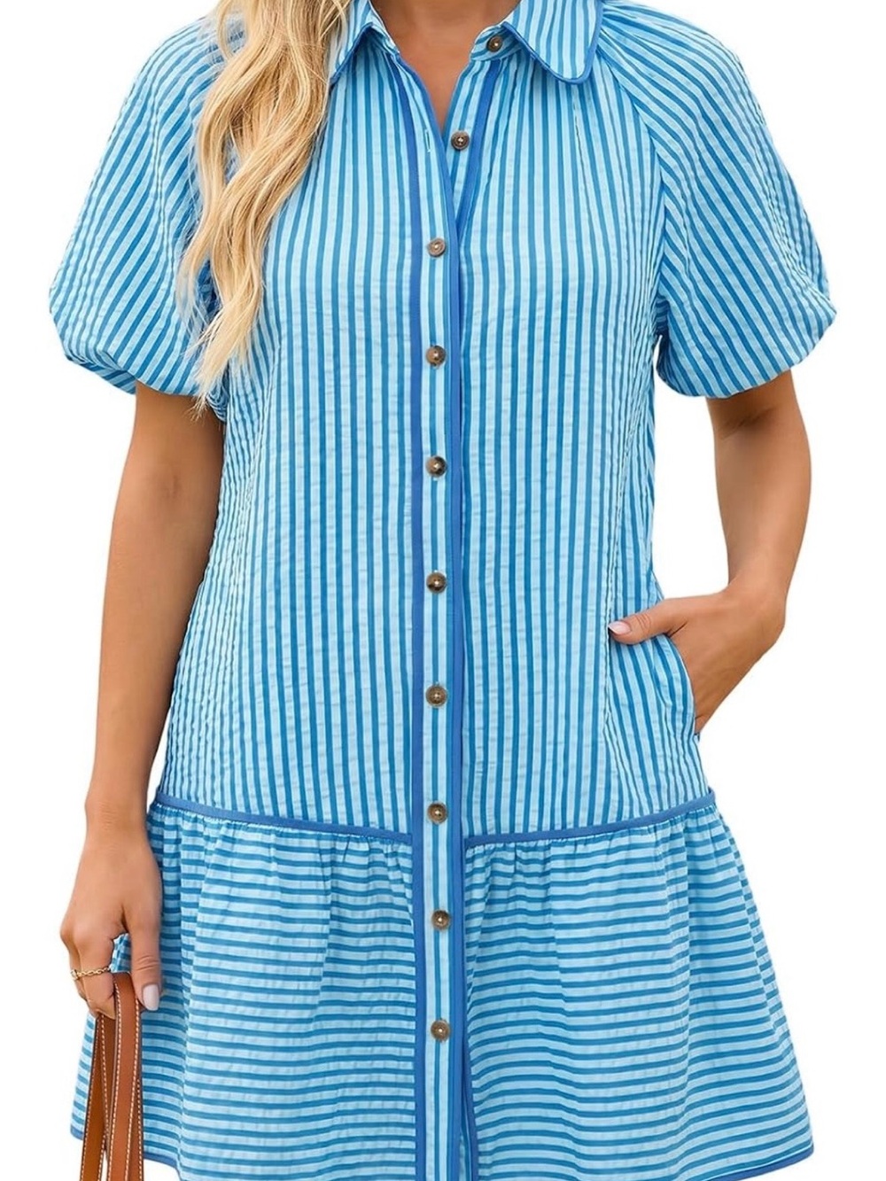 Amazon Blue Striped Button-Front Mini Dress